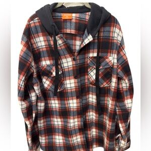 Mountain Expeditions, Mens XL fleece button up with hood, drawstring hood.